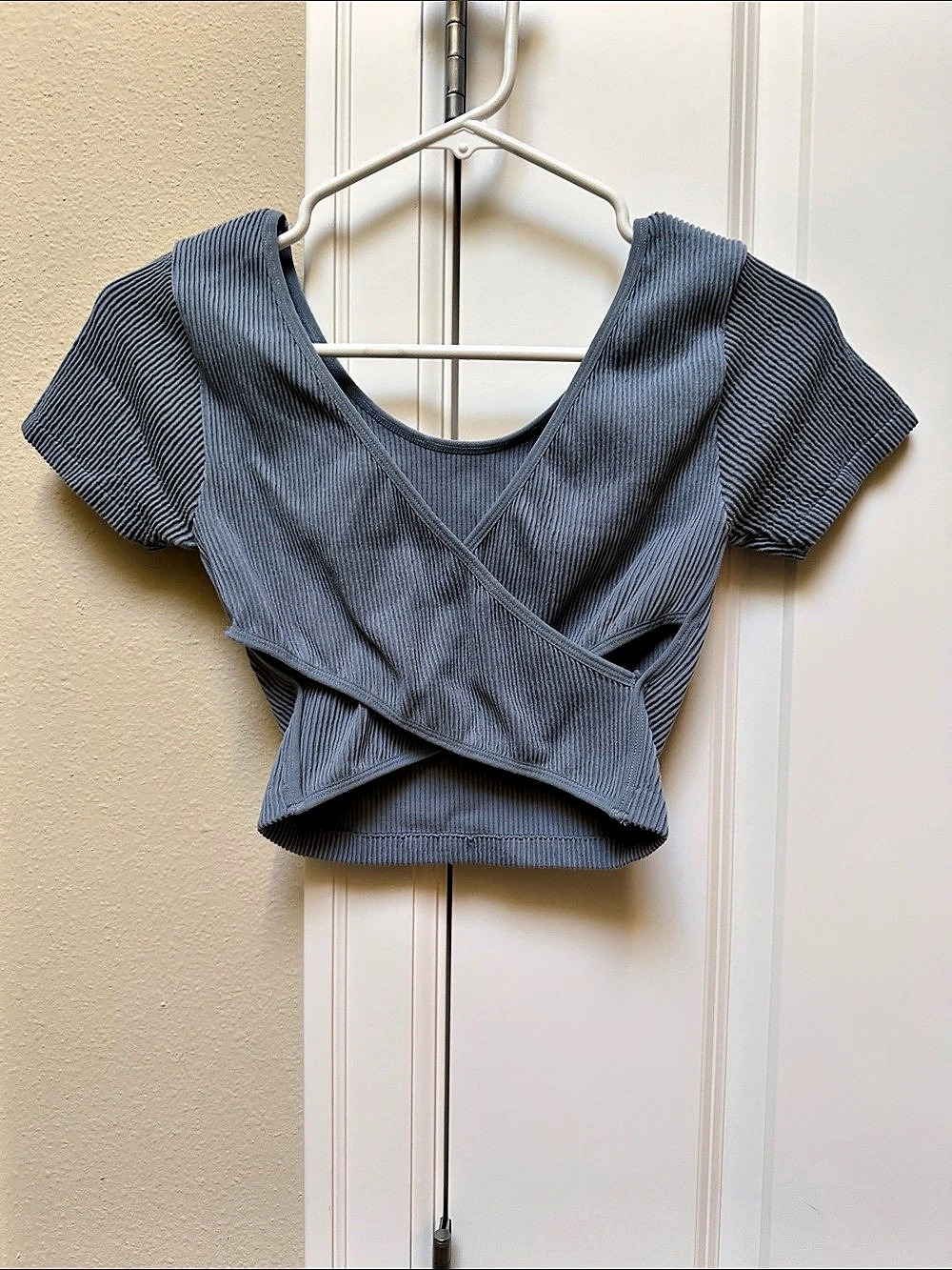 Sugar Rain Ribbed Gray Blue Wrap Crop Top